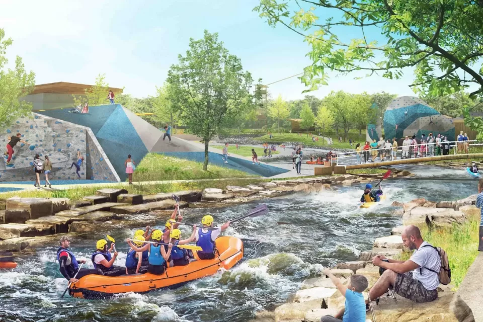 Rendering of kayakers on river and people sitting on riverbank in new park